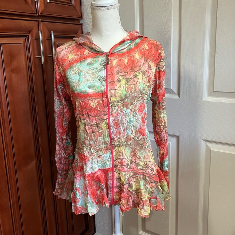 Y2k Colorful Women's Zip-Up lightweight peacock print Top Size:M